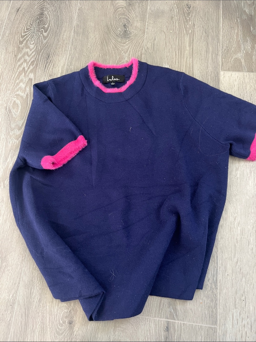 Never worn lulus Navy Crew Sweater with Hot Pink Trim